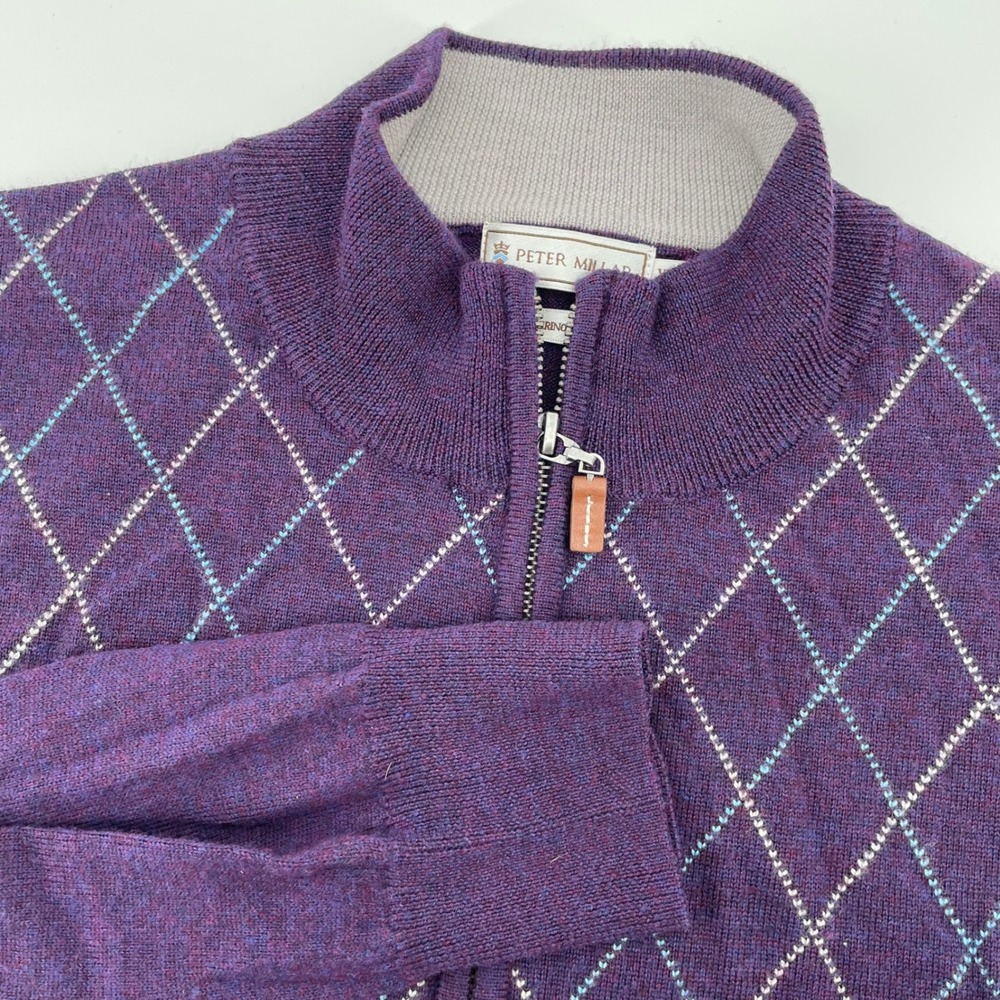 Peter Millar Men's Purple Argyle Merino Wool Quarter Zip Sweater XXL
